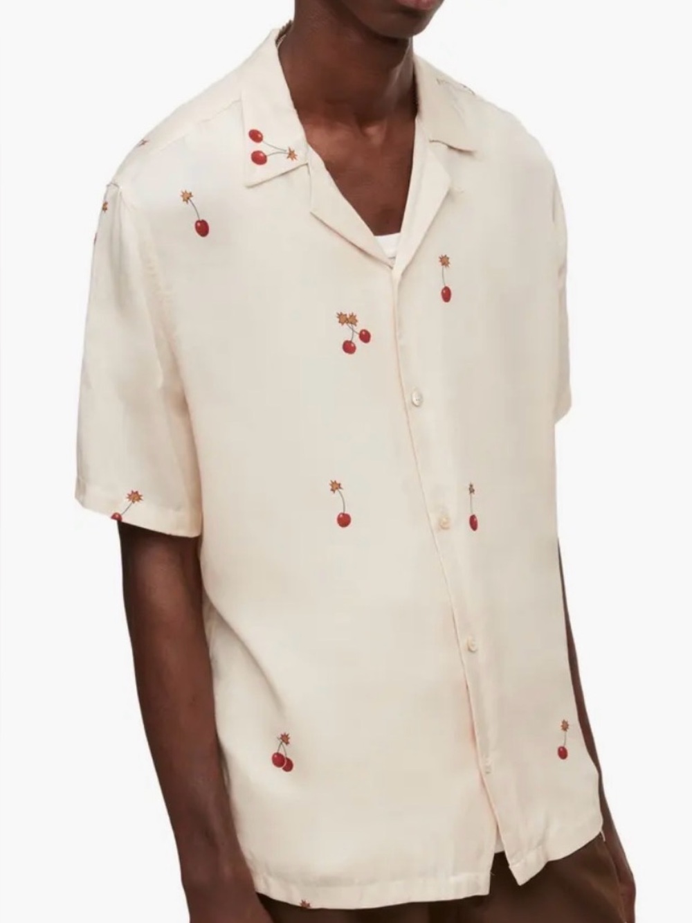 All Saints Cream Short-Sleeve Button-Down Shirt with Cherry bomb